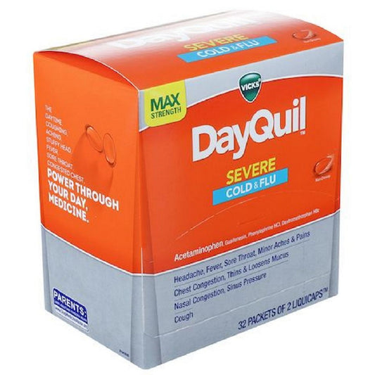 Vicks DayQuil Severe Maximum Strength Cold & Flu (32 Packets of 2 Liquicaps) Expiration Date:2026